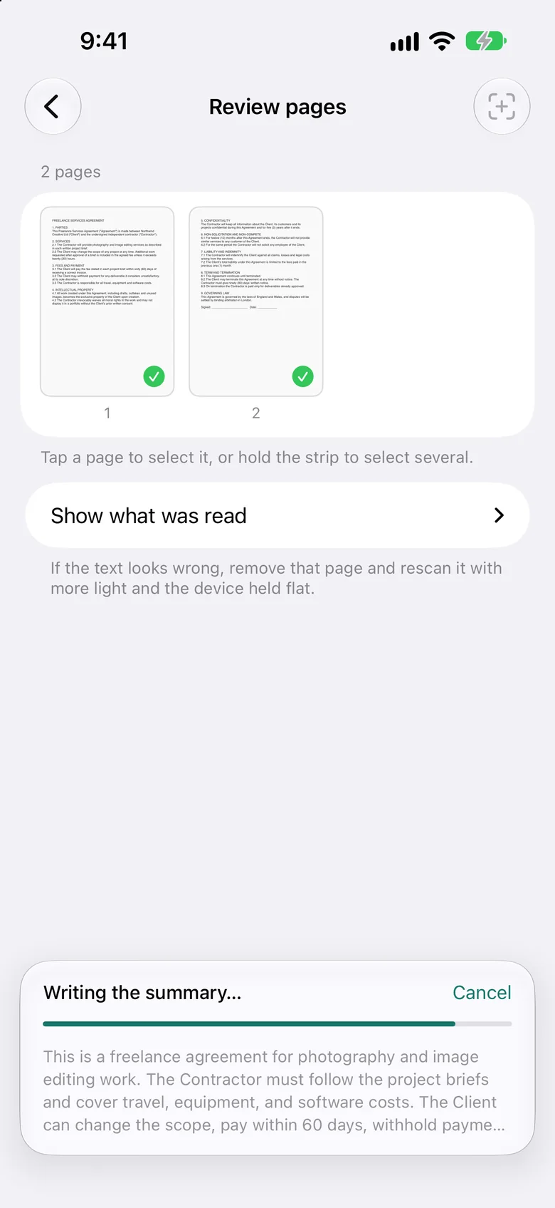 Review pages screen with two scanned pages and a panel showing the summary being written.