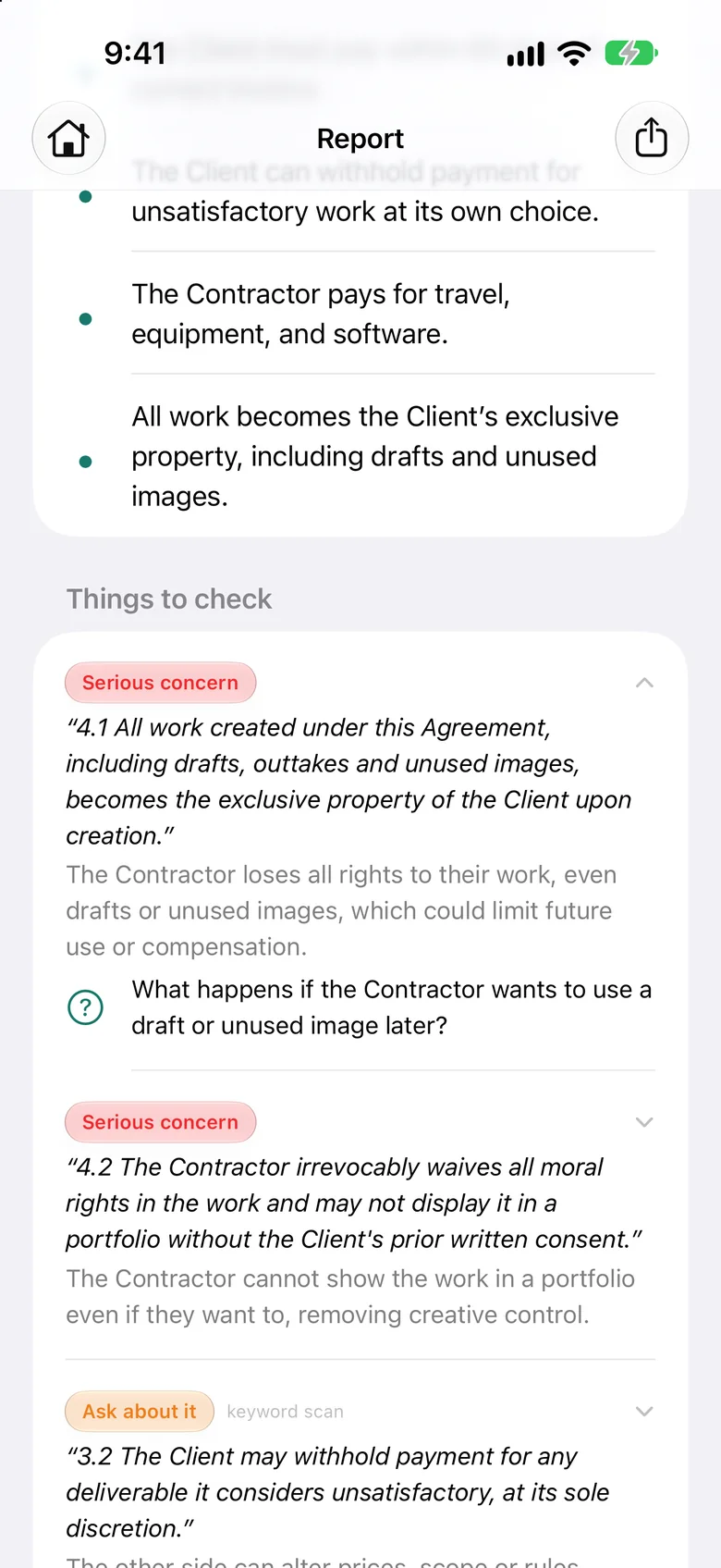 Things to check: clauses quoted from the contract, each with a severity label and an explanation.